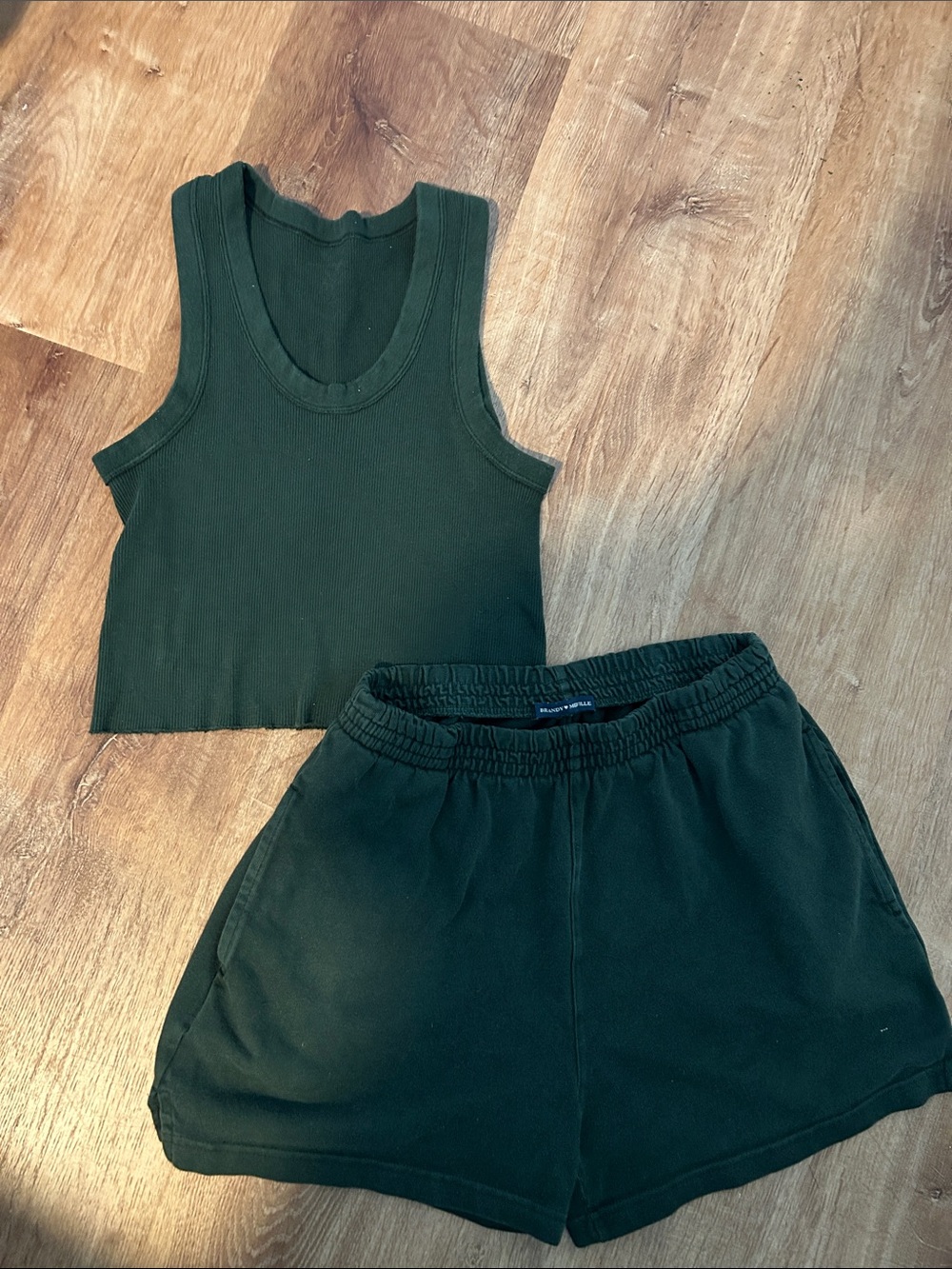 Brandy Melville Dark Green Ribbed Tank and Shorts Set